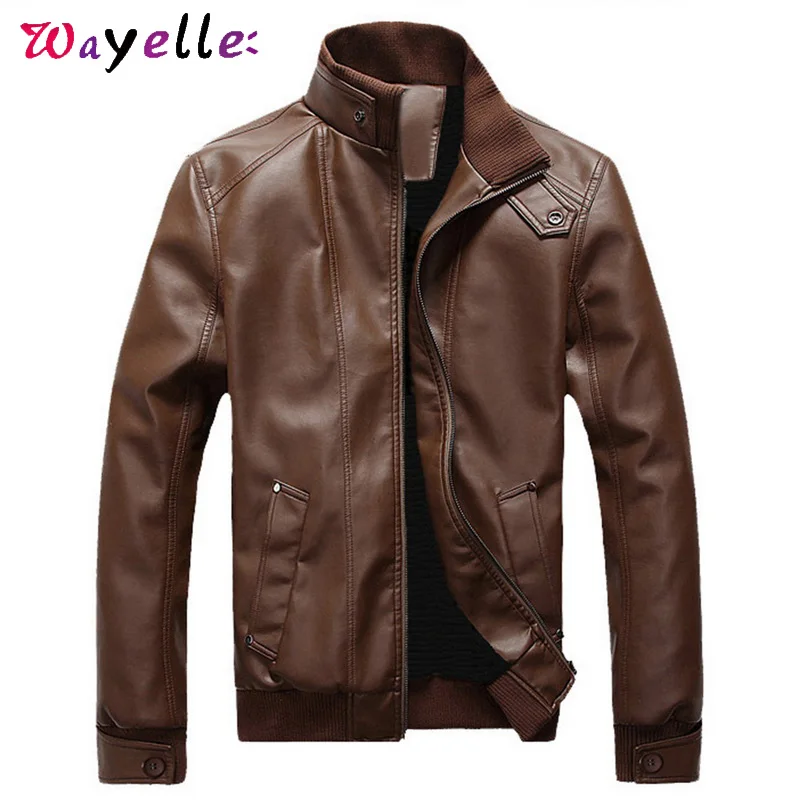 Коричневая мужская куртка из искусственной кожи, осенне-зимняя Классическая куртка из искусственной кожи, мужская повседневная приталенная Байкерская мотоциклетная куртка в Корейском стиле