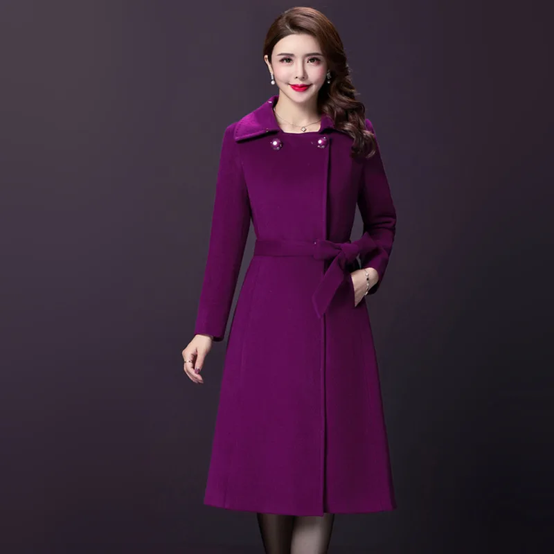 New Women Wool Blends Long Coat Autumn Winter 2021 Fashion Sashes Woolen Jacket Slim Outerwear Female