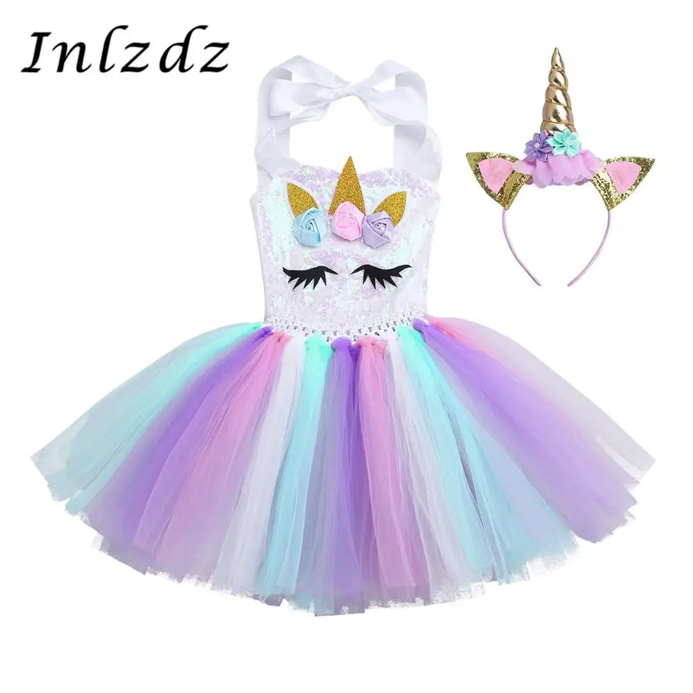 

Kids Girls Cartoon Outfit Halter Neck Flowers Shiny Sequins Mesh Tutu Dress with Hair Hoop Halloween Cosplay Party Costume Set
