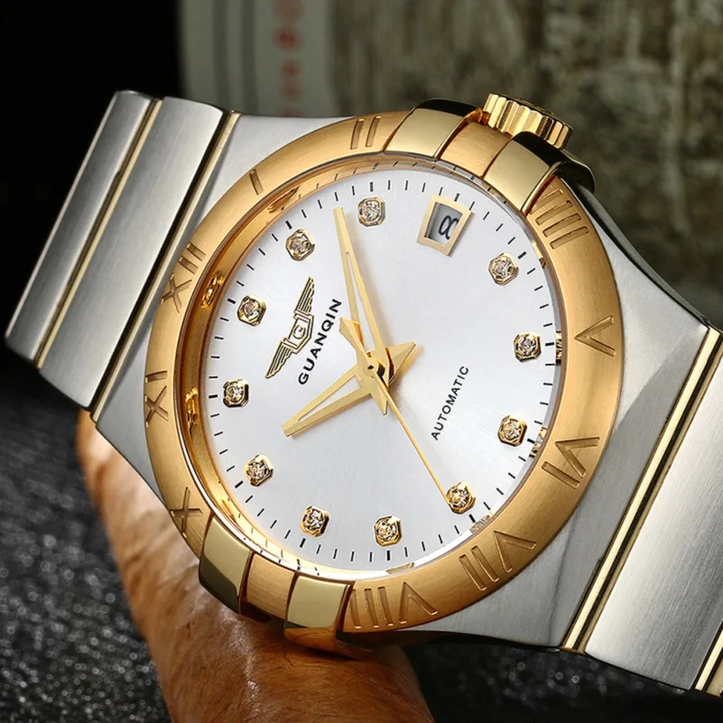 

Japan Miyota 8215 Movement Men watch GUANQIN Automatic Mechanical watch golden Sapphire waterproof man clock Relogio Masculino