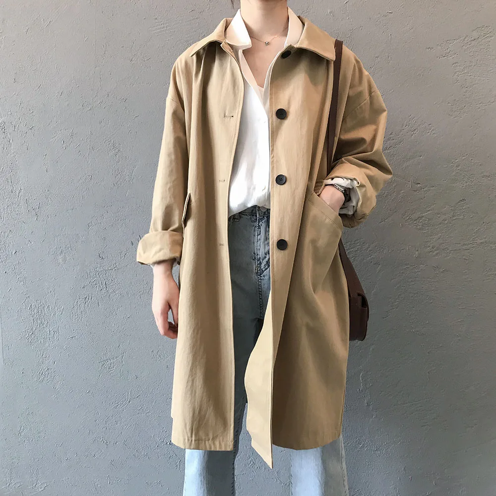 

Spring Fall Women Long Trench Kahki Green Long Sleeve Single-Breasted Overalls Outwears Casual Loose Windbreaker Female Tops
