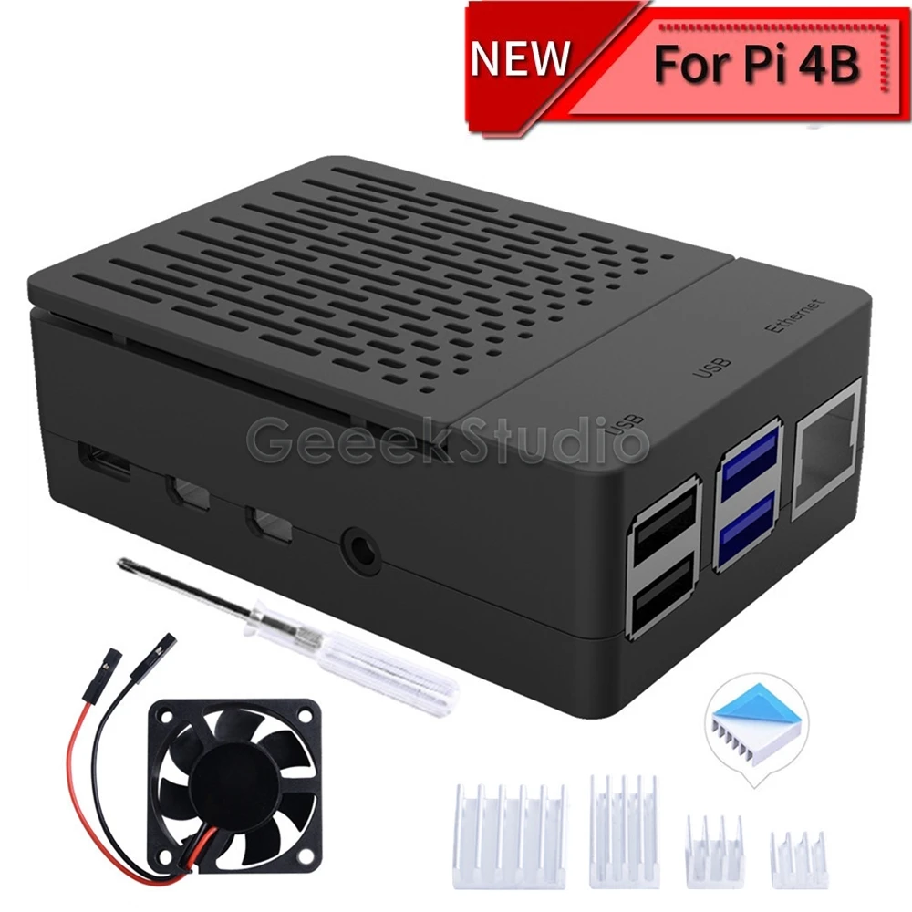 

New Design! ABS Black / White / Clear Case Cover Enclosure Box + Heatsinks + Cooling Fan 5V 3A for Raspberry Pi 4B Pi 4 Model B