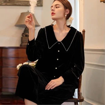 

Female Winter Full Sleeves Velvet Pajamas Fashion Turn-Down Collar Sleep Shirt Long Pants Simple Design Women Home Wear Pyjamas