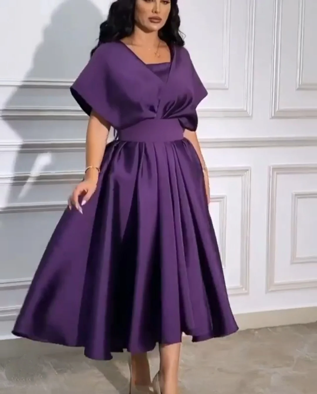 

Vintage Short Purple Muslim Evening Dresses فساتين السهرة A-Line Cap Sleeve Tea Length Robe de soirée for Women