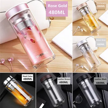 

480mL Glass Water Bottle Double Walled Outdoor Travel Mug Portable Transparent Water Cup With Tea Infuser Large Drink Drinkware