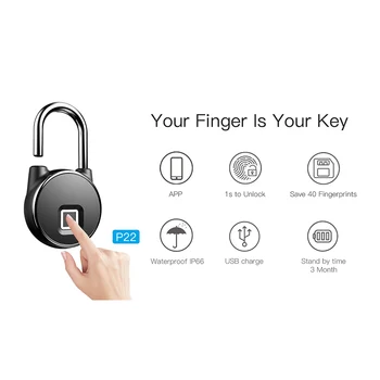 

High Quality Black Portable Anti-theft Waterproof Smart Door Fingerprint Lock Electronic Padlock for Home Warehouse Bike Luggage