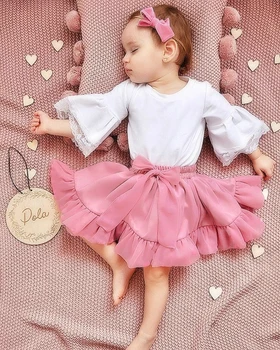 

Valentine's Day Pink Outfits Baby Girl My 1st Birthday Long Flare Sleeve Romper Tutu Bow Skirt Headband Outfit 3PCs