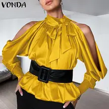 

VONDA Women's Blouses 2021 Autumn Casual High Neck Pleated Solid Satin Tops Sexy Lantern Sleeve Bow Pleated Blusas Femininas