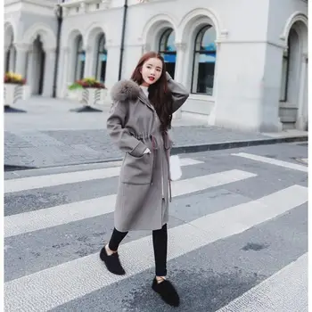 

2019 Winter Women Loose Woolen Blend Coats Casual Sashes Zipper Hooded Coat Pockets Solid Ladies Long Coats