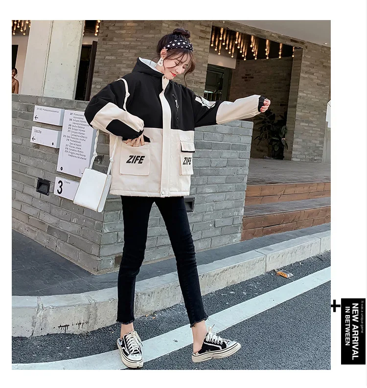 Ulzzang, разноцветная рабочая одежда, бейсбольная форма, хлопковая стеганая одежда, женская зимняя одежда, стиль, BF, овечья шерсть, свободный крой, Короткие топы
