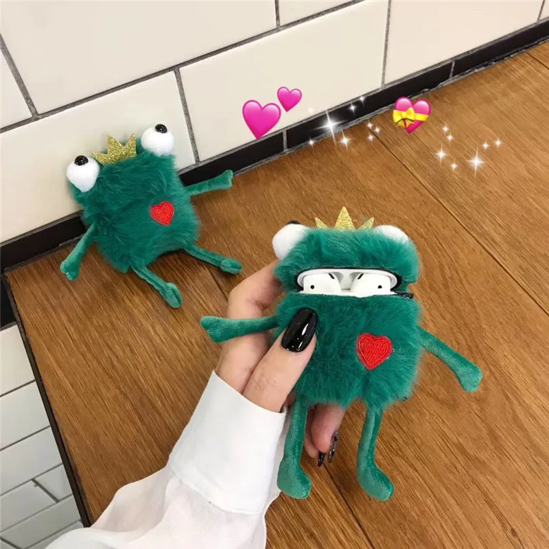 

Autumn and winter models plush crown frog prince For airpods 2 case wireless Bluetooth headset set cute soft shell charging box