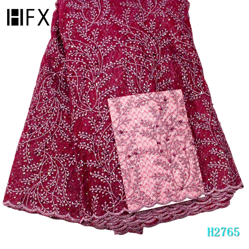 HFX новейший африканский тюль кружевной ткани с камнями вышитое гладью кружево Нигерия Французский кружева высокого качества с бисером свадьбы H2765