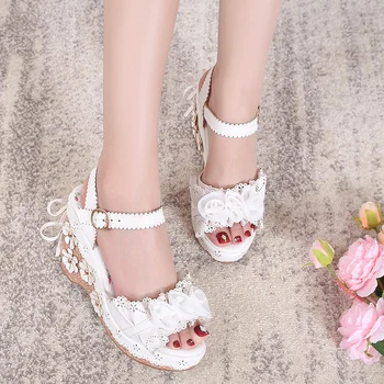 

Sweet Japanese Lolita Princess Lace Flower High Heel Platform shoes Small Fresh Summer Harajuku Daily Buckle Sandals Shoes