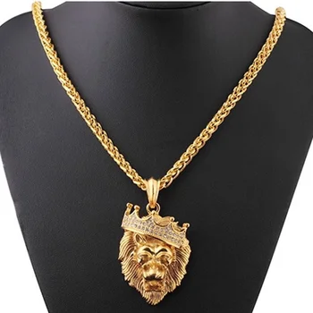 

New Fashion Animal Rhinestone Crown Lion Head Hanging Necklace Luminous Necklace Mengold-Plated Punk Party Pendant Necklace