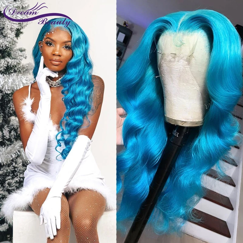 Peluca de cabello humano de 13x4 para mujer, postizo de encaje frontal, sin pegamento, color azul, transparente, 613 ondas, n. ° 180%
