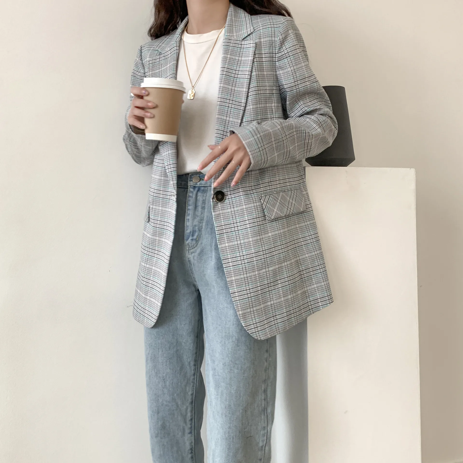 

South Korea Spring INS Hipster Green Grid Korean-style One-Button High Quality Flax Konishi Clothing Outdoor