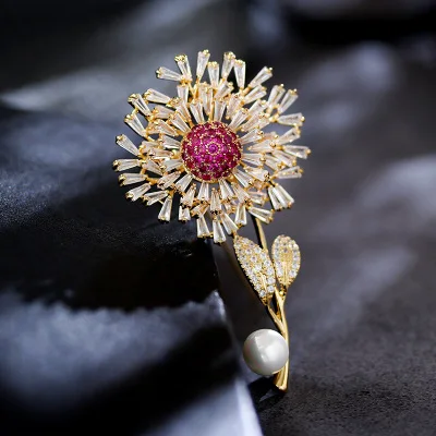 Luxury AAA Zircon Rose Sunflower Dandelion Brooches Pins Jewelry Rhinestone Cubic Zirconias Brooch for Women Wedding Bouquet Pin 9