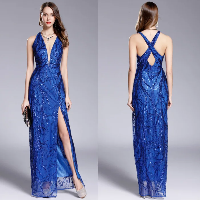 

Ck649 New Style Deep V-neck Back Cross High Slit Slim Fit Elegant Sexy Banquet Evening Dress Embroidery Sequin