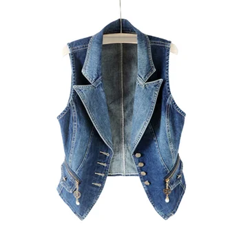 

Casual Waistcoats Cotton Woman Spring Single-breasted Denim Vest Female Slim Jean Summer Sleeveless Feminine Jean Coat