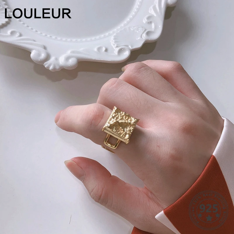 

LouLeur Genuine 925 Sterling Silver Square Rings Minimalist Irregular Party Open Silver Ring for Women Trendy Fine Jewelry Gifts