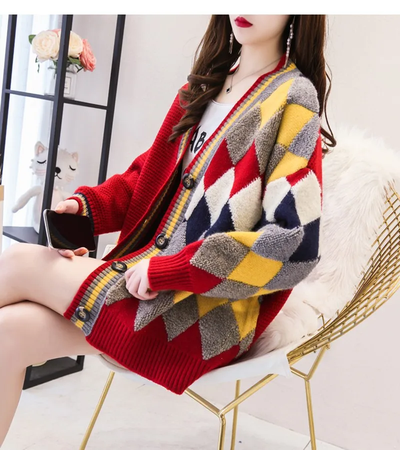 NiceMix Autumn New Single Breasted Patchwork Women Sweater Korean V Neck Geometric Pattern Cardigans Female Knitwear