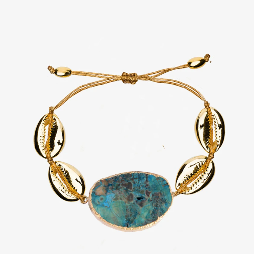 

natural stone bracelet gold puka cowries shell bracelet green bohemian boho braclet armbanden pulseiras masculina para pareja