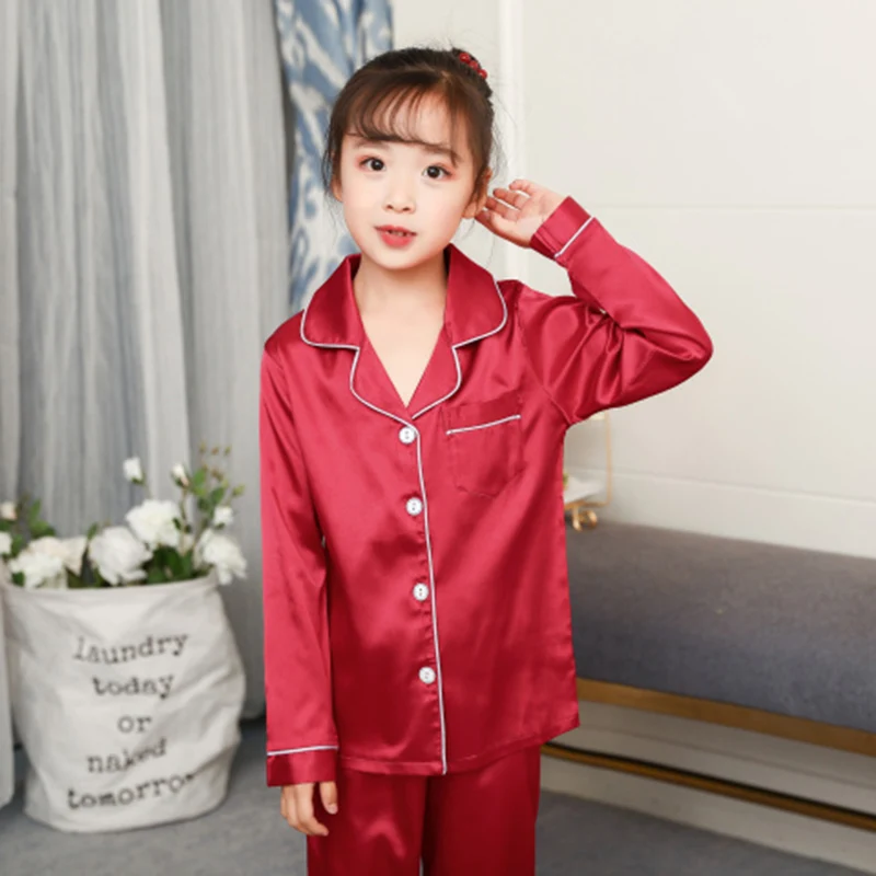 Childrens Boys Girls Ice Silk Pajamas Cardigan Long-sleeved Sleepwear Nightgown
