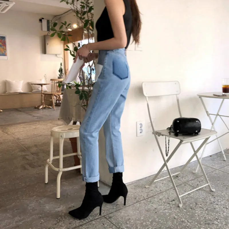 Neploe Корейская Высокая талия контрастные цвета джинсы женские модные патч тонкие полосы Spodnie Damskie осень ropa mujer 46030