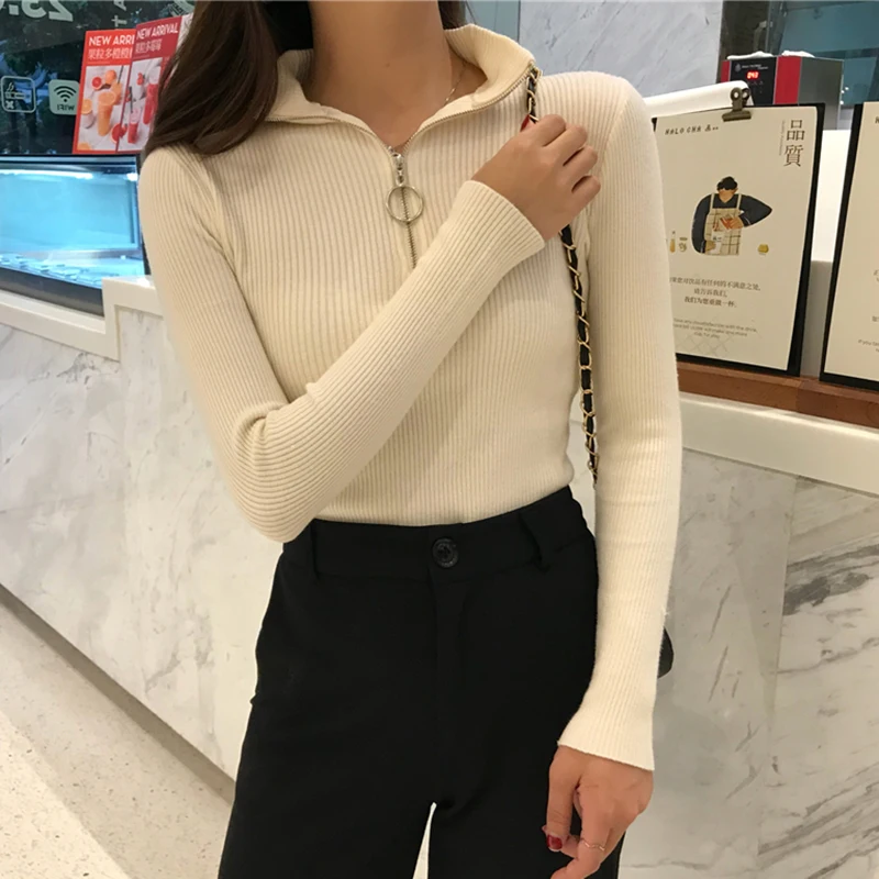 2022 Knitted Women Zipper High Neck Sweater Pullovers Turtleneck Autumn Winter Basic Women Sweaters Slim Fit Black Pull Femme