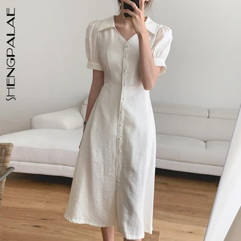 

SHENGPALAE 2020 Summer New Simple Chic Turn-down Collar Short Sleeve Slim Women Korea Elegant Long Robe White Midi Dress QV1222
