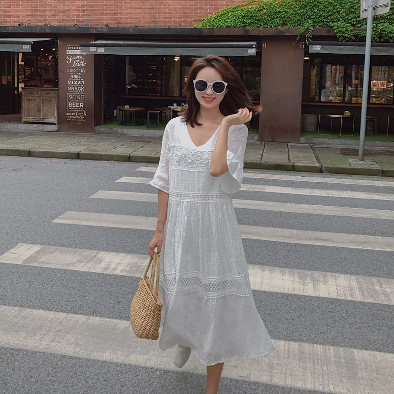 

Pregnant Women Summer Fairy Dress Short Flare Sleeve V-neck Maternity Empire Cotton Dress Sweet Prehnancy Long Loose Lace Dress