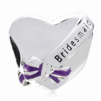 

New 925 Sterling Silver Bead Charm Purple Enamel Bow Love Heart Best Bridesmaid Beads Fit Bracelet Bangle Diy Jewelry