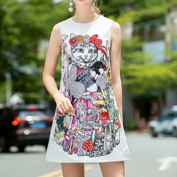 

HIGH STREET Newest Fashion 2020 Designer Runway Dress Women's O-Neck Sleeveless Diamonds Beaded Vintage Floral Print Tank dress