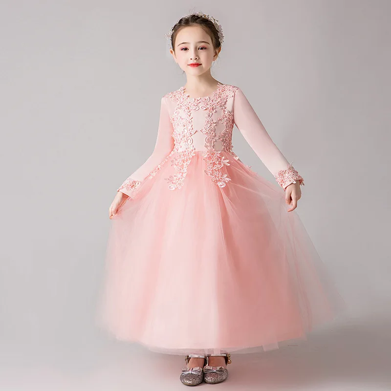 pink long Многослойное Пышное фатиновое платье с кружевной аппликацией и вышивкой для девочек; Пышное вечернее длинное платье для дня рождения; вечерние платья макси для выпускного бала - Цвет: pink long