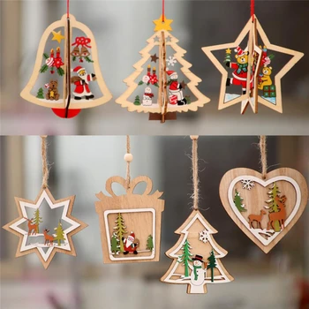 

1PC Christmas Ornament Wooden Hanging Pendants Star Xmas Tree Bell Christmas Decorations For Home Party New Year