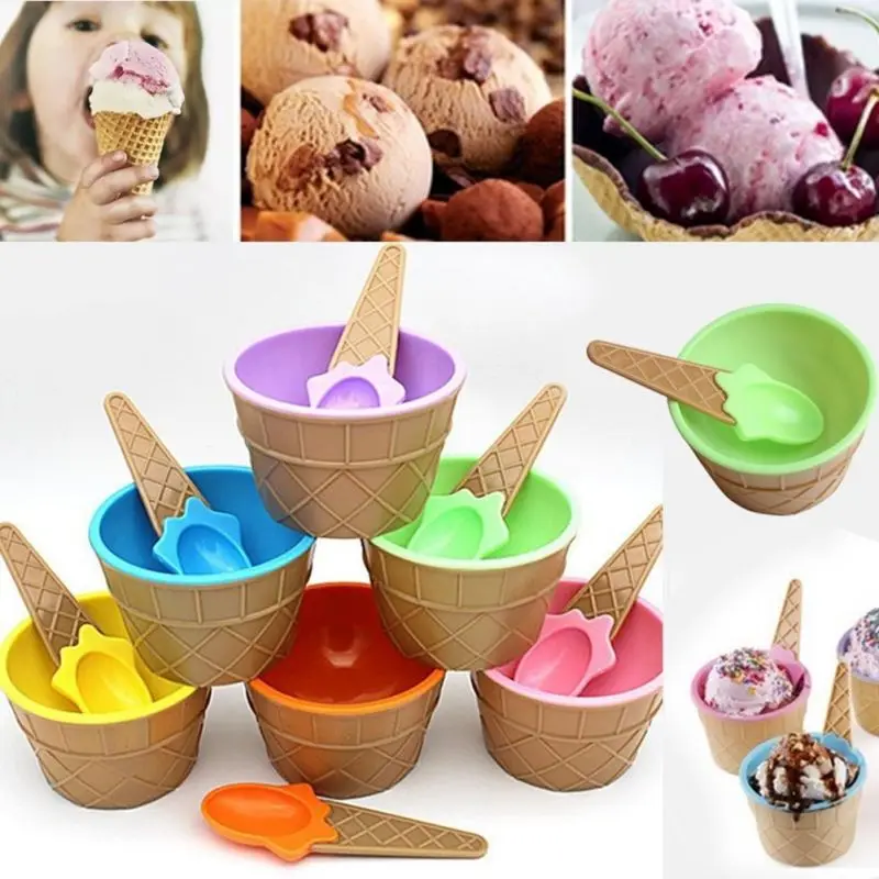 Children's Plastic Ice Cream Bowls Spoons Set Durable ICE Cream CUPs