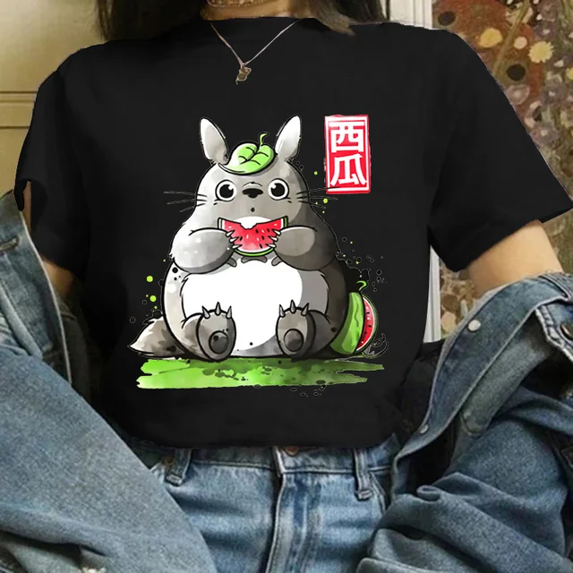 Totoro Studio Ghibli Harajuku Kawaii T Shirt Women Ullzang Miyazaki Hayao Tshirt Funny Cartoon T-shirt Cute Anime Top Tee Female black-871