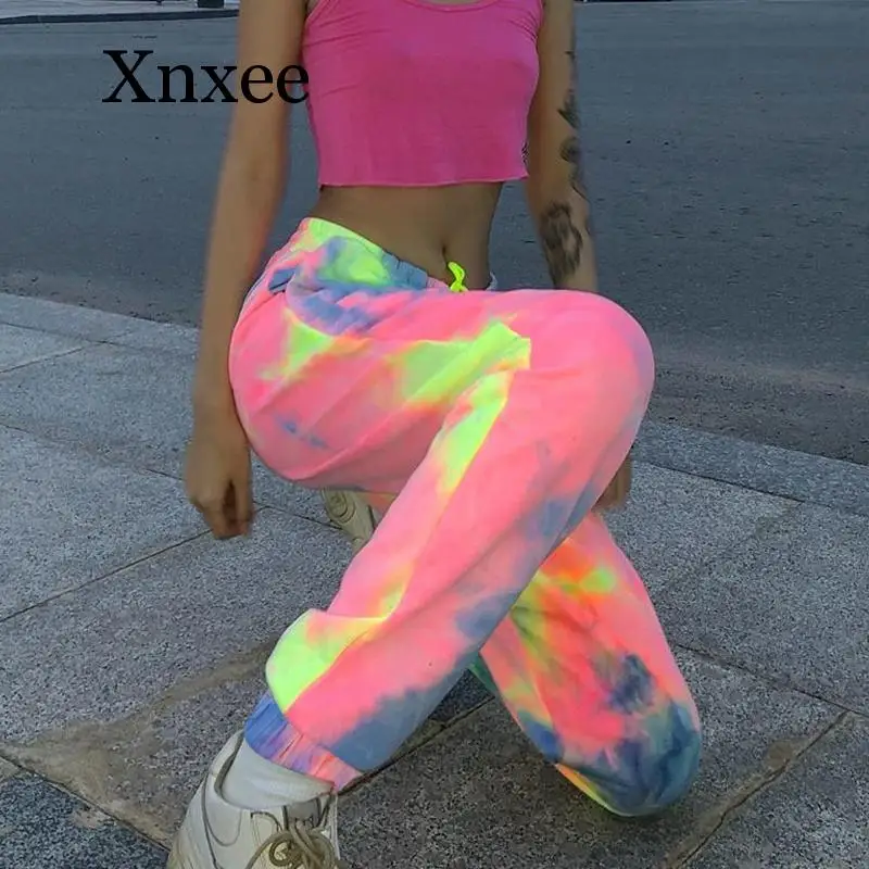 Gym Running Neon Tie Dye Joggers High Waist Long Baggy Pants Women Sweatpants Loose Trousers Autumn Winter Streetwear Clothes