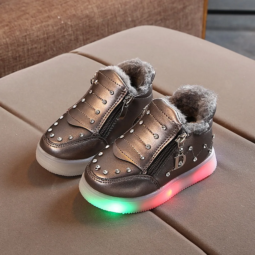 Детская зимняя обувь для маленьких девочек; Теплая обувь с кристаллами на молнии; Светодиодный светильник; Светящиеся полуботинки