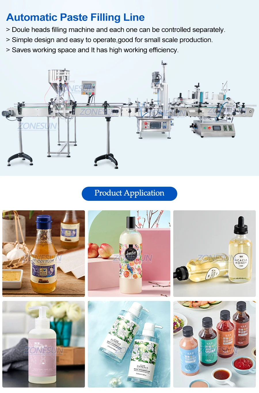 ZONESUN ZS-FAL180C8 Паста Шампунь Гель для душа Джем Стеклянный крем Косметическая бутылка Двойные насадки Наполнение Укупорка Этикетировочная машина