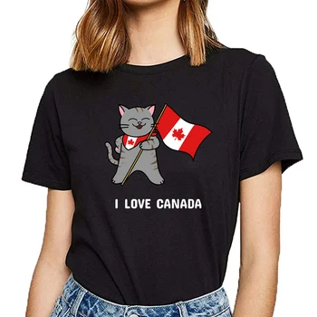 

Tops T Shirt Women i love canada cat flag Funny White Cotton Female Tshirt