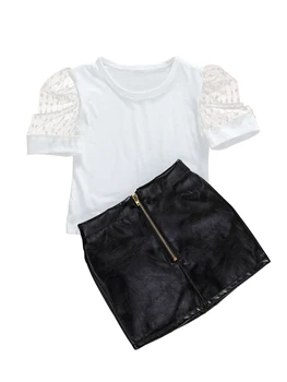 

1-6Y Fashion Baby Girls Clothes Sets Toddler kids Lace Sleeve White T Shirts Tops black PU Leather Zipper Skirts summer sunsuit