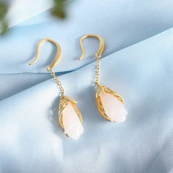 

New online Red same Earrings cross border accessories S925 silver gilded women's inlaid Magnolia and Tian Jade Earrings