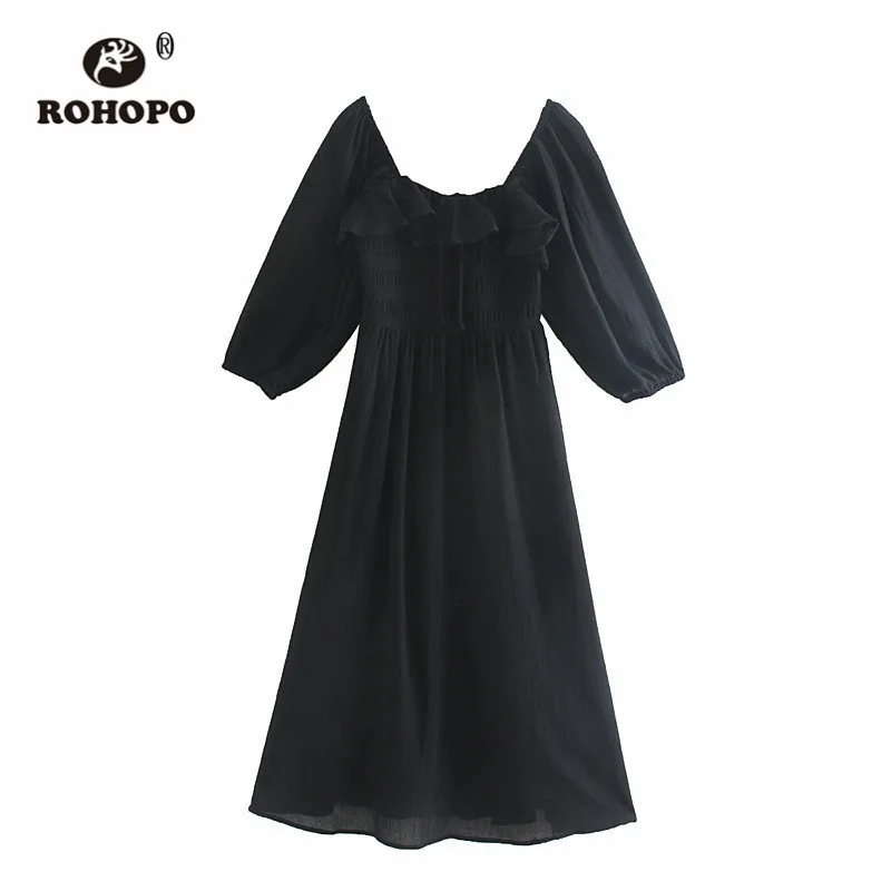 ROHOPO, плиссированное, квадратный воротник, однотонное, черное, белое, хлопок, лен, платье миди, двойной слой, для девушек, осенняя туника, макси, Vestido#9523