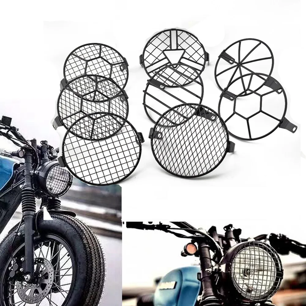 

6.5" Metal Retro Motorcycle Headlight Lamp Mesh Grille Cover Mask For Honda Cafe Racer Motor Parts Grid strips stars