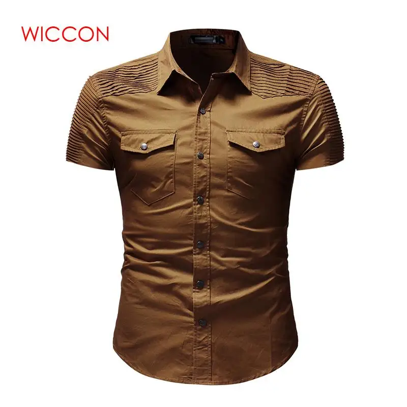 New Men Summer Fashion Short Sleeve Pocket Button Turn-down Collar Shirt Military Casual Slim Fit Male Denim Shirt Tops