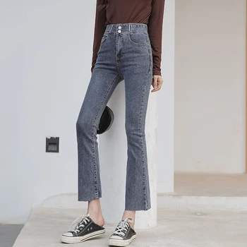 

2020 New Gray Flare Jeans Woman High Waist Korean Style Fashion Casual Denim Pants Ladies Ankle Length Pocket Jean Female