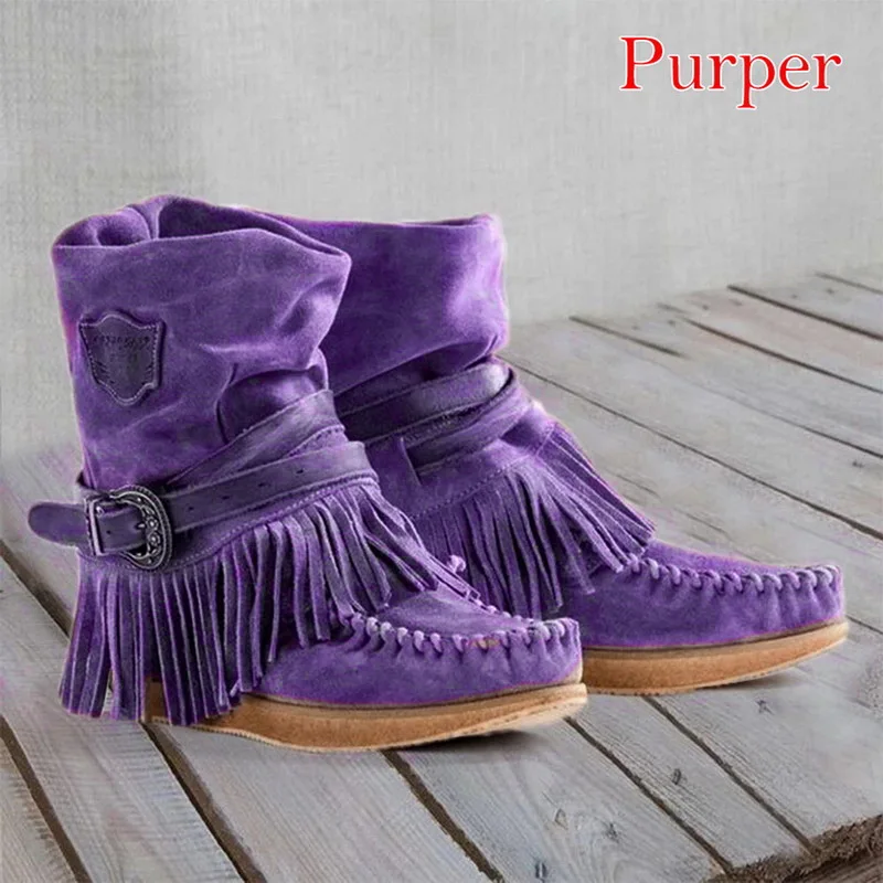 Heflashor/женские полусапожки в британском стиле; короткие матовые ботинки с бахромой; ботинки в британском стиле; ботинки с подъемом; женская обувь на плоской подошве - Цвет: Purple