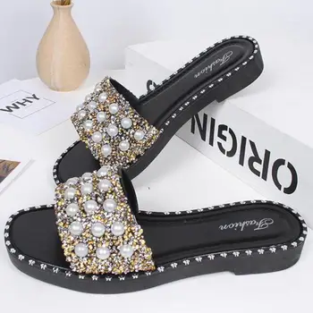 

New Sequins Women Summer Slippers Flat Sandals Comfortable Woman Shoes Indoor Home Female Beach Shoes Pearl Non-slip Flip Flops