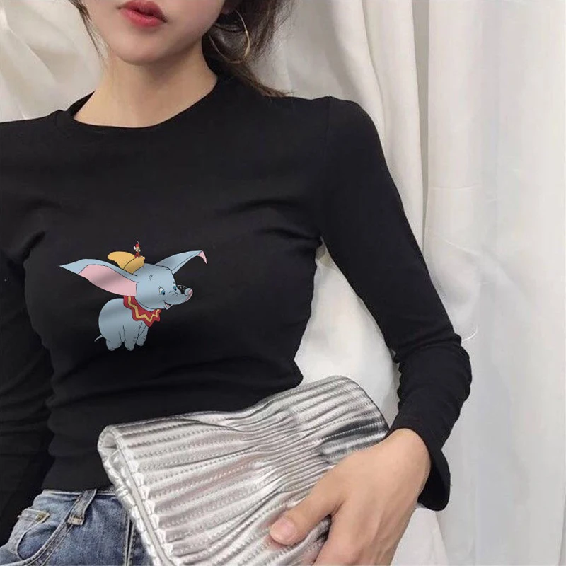 Черный Женская футболка с милым рисунком Дамбо, Осень-зима, новинка, с длинным рукавом, с круглым вырезом, для фитнеса, компрессионные футболки, женские топы - Цвет: Черный